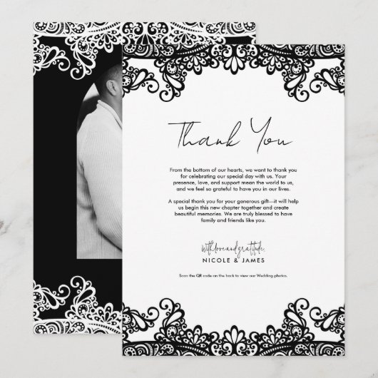 Black & White Lace Elegante Wedding Vielen Dank Einladung (Vorne/Hinten)