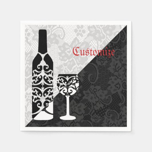 Black & White Lace Wein Flasche Napkins Serviette (Vorderseite)