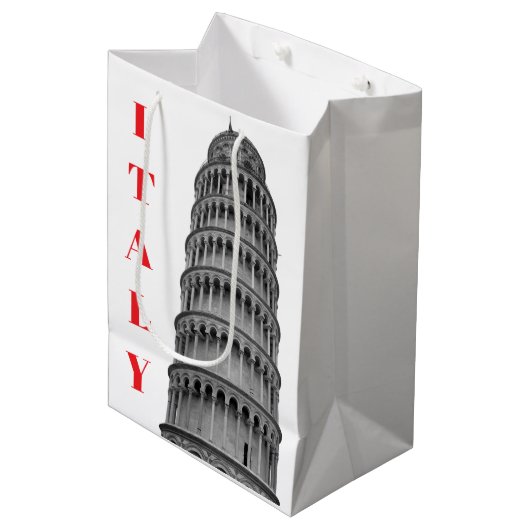 Black White Leaning Tower of Pisa Italy Mittlere Geschenktüte (Vorderseite Schrägansicht)