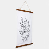 Black White Line Drawn Flowers Florals Boho Wandteppich Mit Holzrahmen (Gewinkelt)