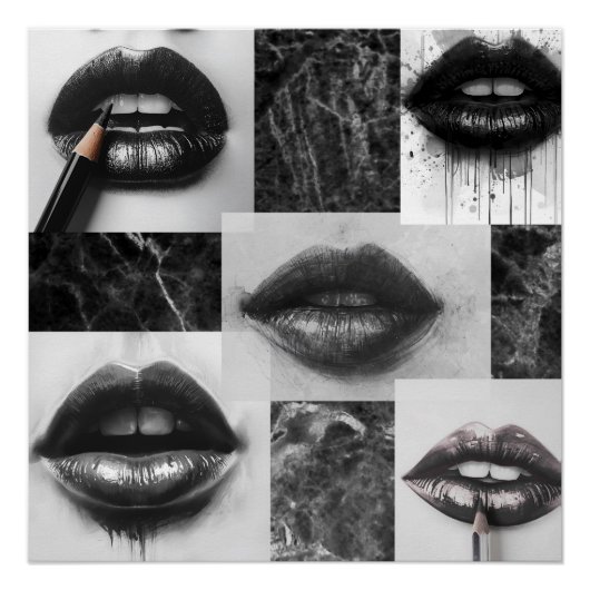 Black & White Lips Collage Glossy Poster (Vorderseite)