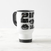 Black & White Lips Collage Travel Mug – Coffee Cup Reisebecher (Vorderseite Links)