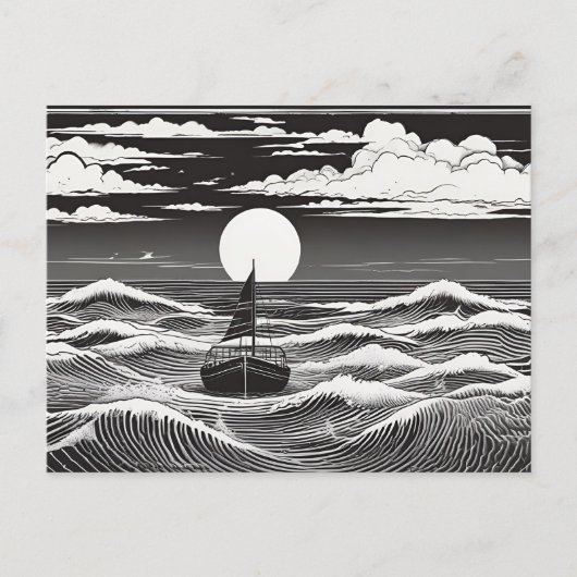 Black & White Lonely Sailboat Moon Waves Postkarte (Vorderseite)