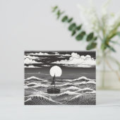 Black & White Lonely Sailboat Moon Waves Postkarte (Stehend Vorderseite)