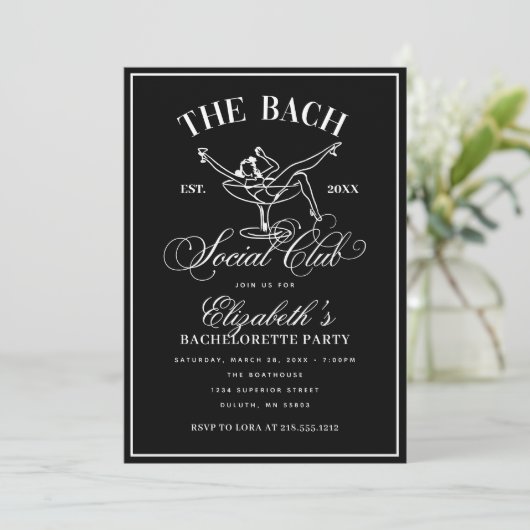 Black White Martini Social Club Bachelorette Party Einladung (Stehend Vorderseite)