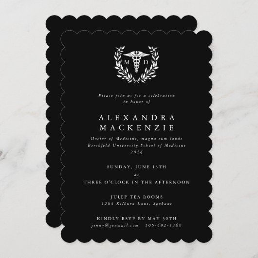 Black+White MD Caduceus+Laurel Wreath Abschluss Einladung (Vorne/Hinten)
