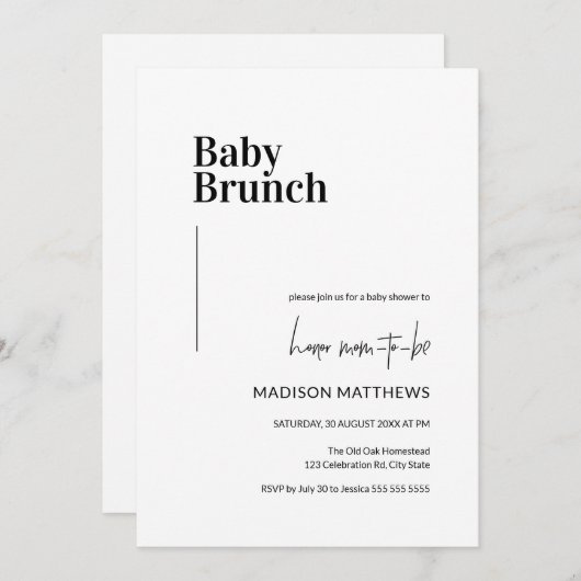 Black & White Minimal Baby Brunch Babydusche Einladung (Vorne/Hinten)