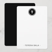 Black White | Minimal Modern Round Monogram Mitteilungskarte (Vorne/Hinten)