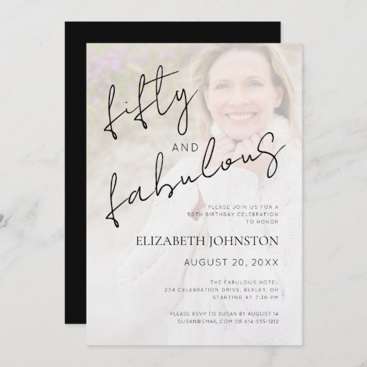 Black White Minimal Photo 50 and Fabulous Birthday Einladung (Vorne/Hinten)