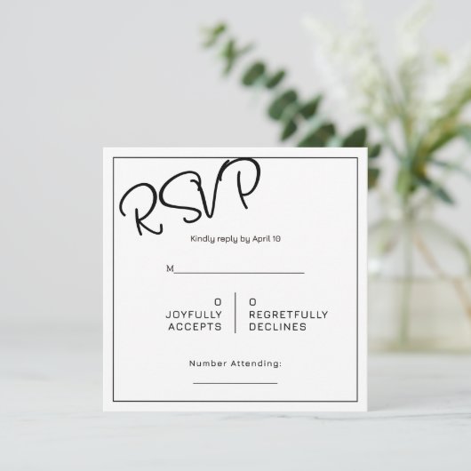 Black& White Minimal Square Wedding RSVP Karte (Stehend Vorderseite)