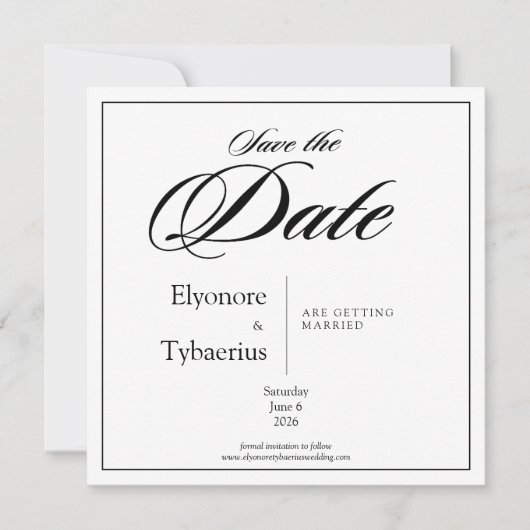 Black & White Minimal Square Wedding Save the Date Karte (Vorderseite)