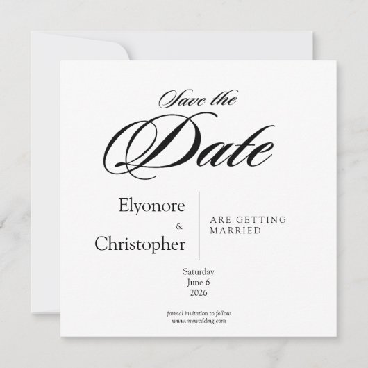 Black & White Minimal Square Wedding Save the Date Karte (Vorderseite)