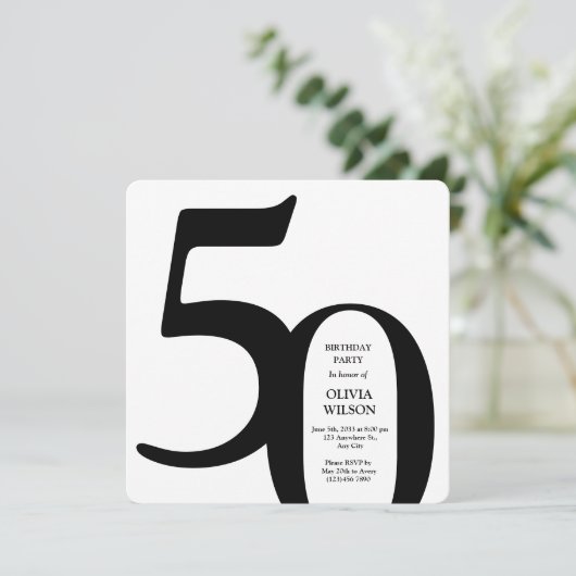 Black & White Minimalist Milestones 50th Birthday Einladung (Stehend Vorderseite)