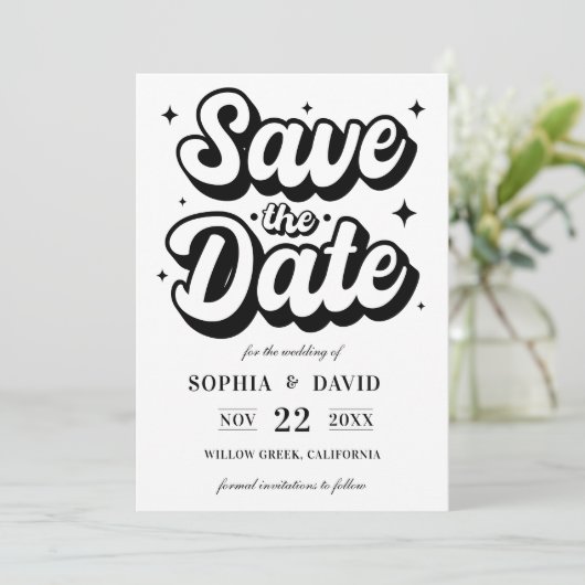 Black & White Minimalist Modern Wedding Save The Date (Stehend Vorderseite)