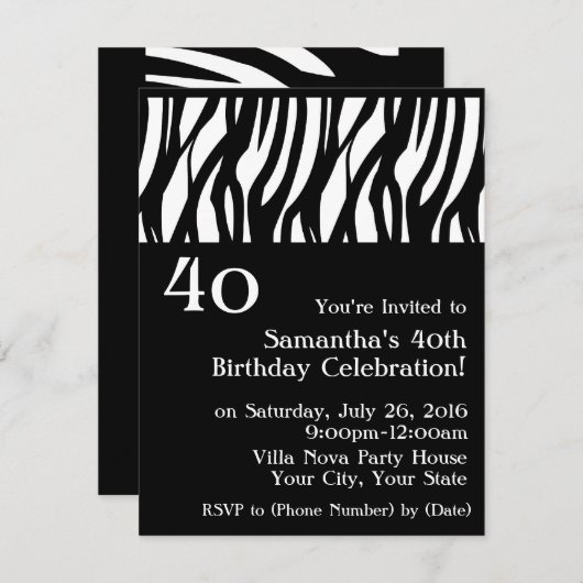 Black+White Mod Zebra 40. Party Einladung (Vorne/Hinten)