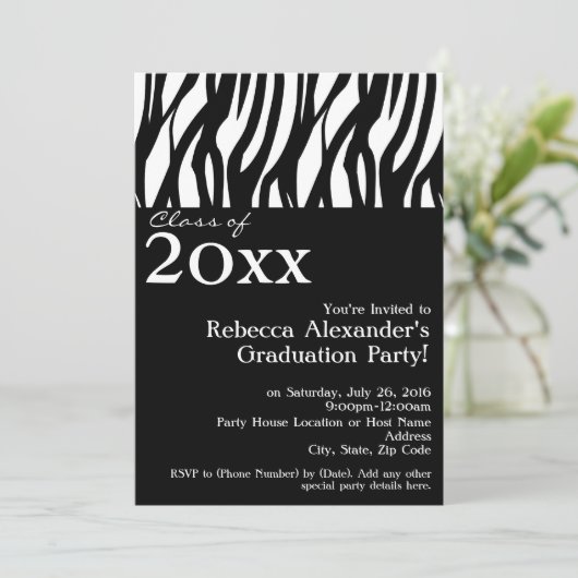 Black+White Mod Zebra Graduierungsparty Einladung (Stehend Vorderseite)