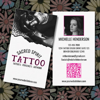 Black & White Modern 2 Photo QR Code Tattooist Visitenkarte