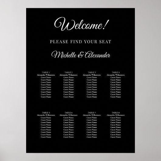 Black white modern script wedding seating chart poster (Vorne)