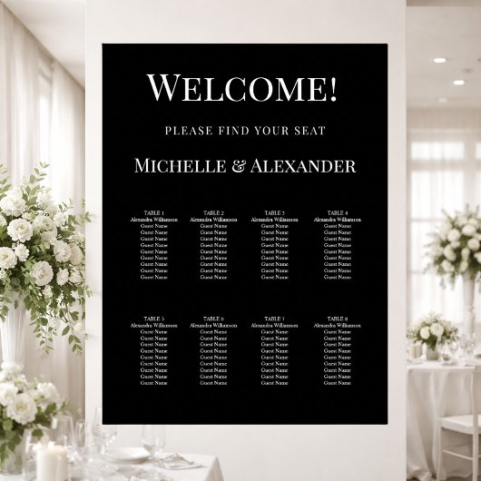 Black white modern simple wedding seating chart poster