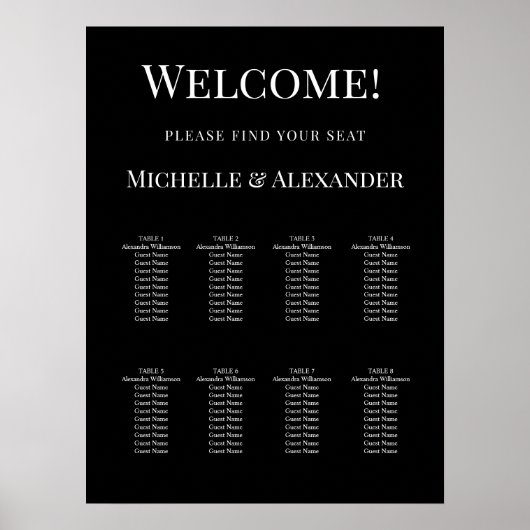 Black white modern simple wedding seating chart poster (Vorne)