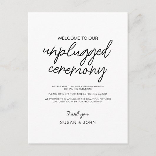Black & White Modern Unplugged Wedding Sign  Postkarte (Vorderseite)