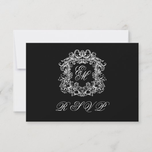 Black White Monogram Crest Elegant Wedding RSVP Karte (Vorderseite)