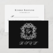 Black White Monogram Crest Elegant Wedding RSVP Karte (Vorne/Hinten)