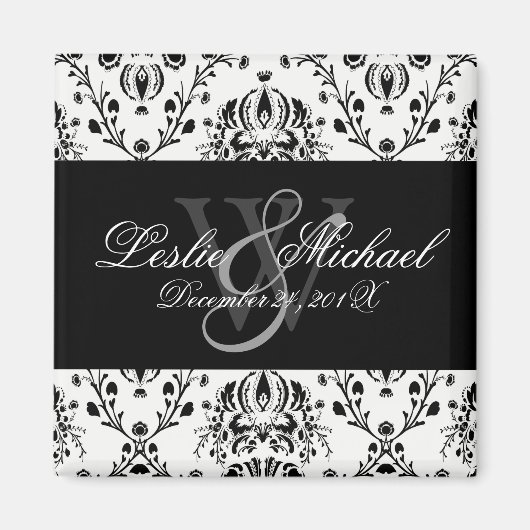 Black + White Monogram Damask Wedding, Magnete Magnet (Vorne)