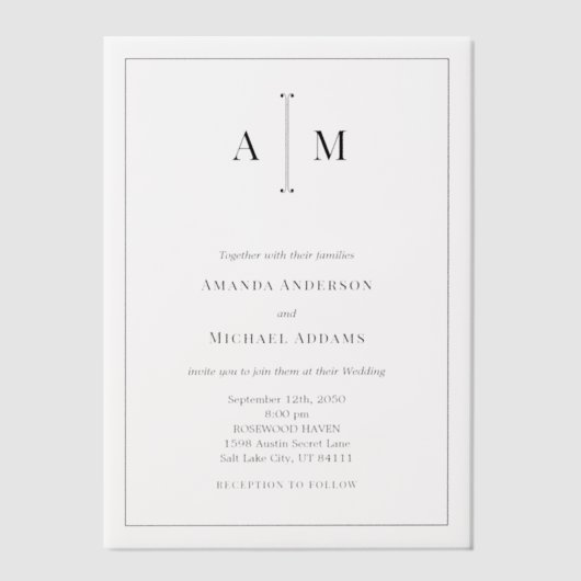 Black White Monogram Minimal Simple Border Wedding Pergament Einladungen (Vorderseite)