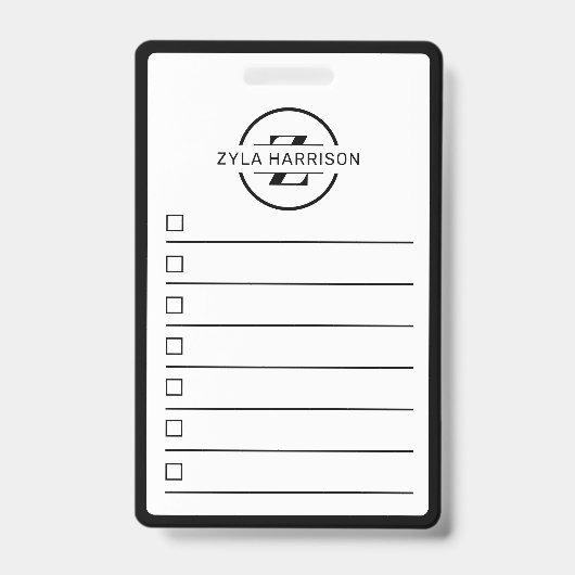 Black White Monogram Name To Do List Whiteboard Ausweis (Vorderseite)