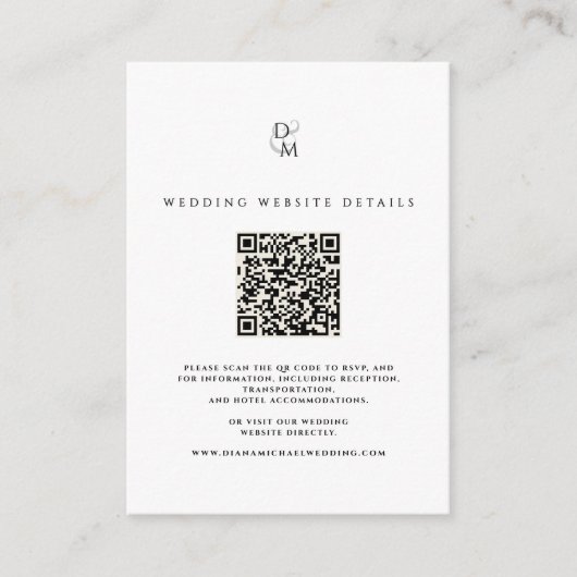 Black & White Monogram Wedding Website QR Code Begleitkarte (Vorderseite)