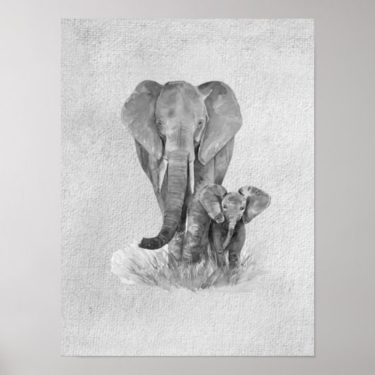 Black & White Mother & Baby Elephant Poster (Vorne)