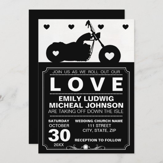 Black & White Motorrad Silhouette Hochzeit Einladung (Vorne/Hinten)