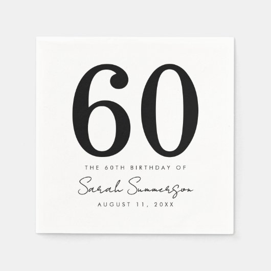 Black White Name Date Sixty 60th Birthday Party Serviette (Vorderseite)