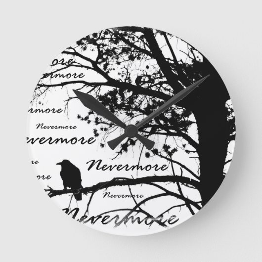 Black & White Nevermore Raven Silhouette Runde Wanduhr (Vorderseite)