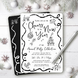 Black White New Year Cheer Hand Drawn Doodle Party Einladung