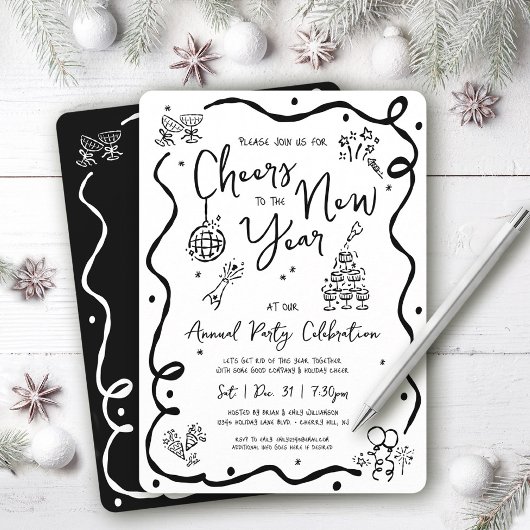 Black White New Year Cheer Hand Drawn Doodle Party Einladung