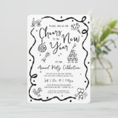 Black White New Year Cheer Hand Drawn Doodle Party Einladung (Stehend Vorderseite)