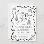 Black White New Year Cheer Hand Drawn Doodle Party Einladung (Vorderseite)