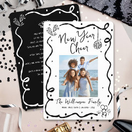 Black White New Year Cheer Photo Hand Drawn Doodle Feiertagskarte