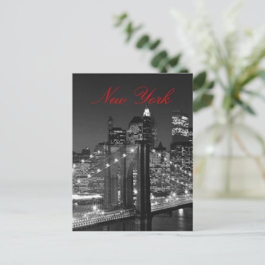 Black & White New York Red Script Post Card Postkarte (Stehend Vorderseite)