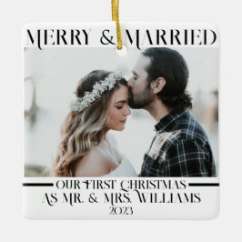 Black & White Newlyweds Mr & Mrs 1 Photo Christmas Keramikornament