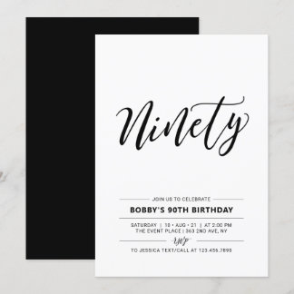 Black & White Nneunty Minimal 90. Geburtstagsparty Einladung