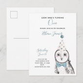 Black & White Owl 1. Geburtstag Junge Party Einladungspostkarte (Vorne/Hinten)