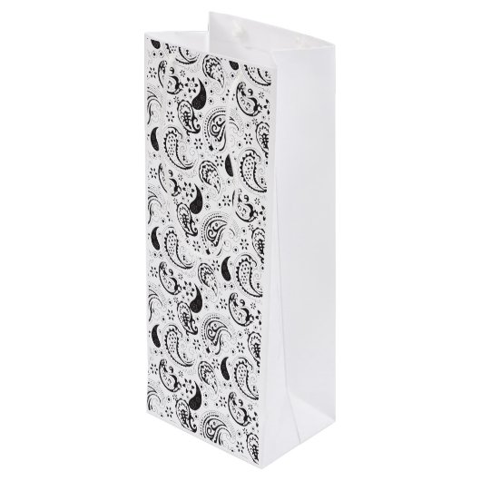 Black & White Paisley Pattern –Elegant Textile Art Geschenktüte Für Weinflaschen (Rückseite Schrägansicht)
