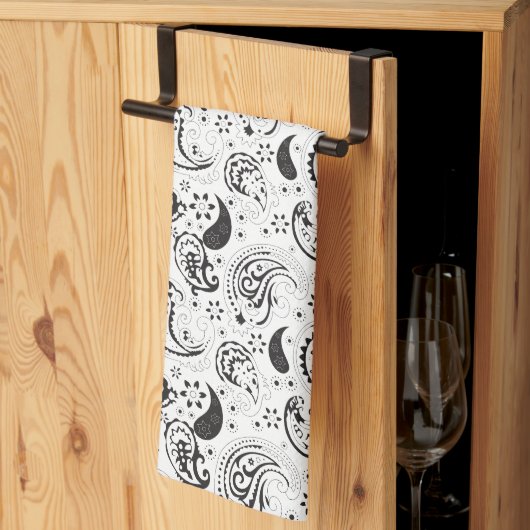 Black & White Paisley Pattern –Elegant Textile Art Geschirrtuch (Drittel gefaltet)