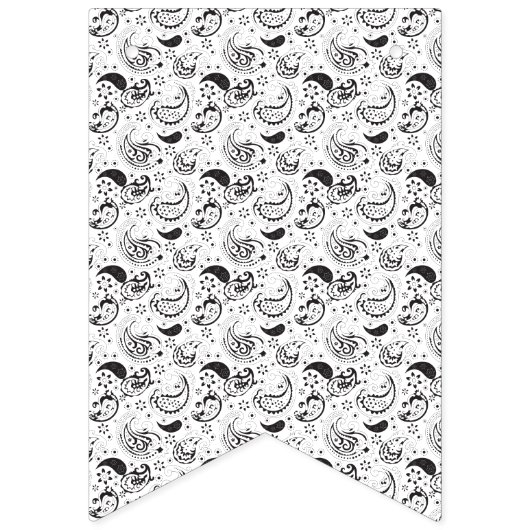 Black & White Paisley Pattern –Elegant Textile Art Wimpelkette (Zweite Fahne)