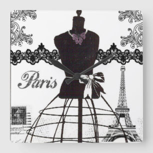 Black White Paris Fashion Mannequin Quadratische Wanduhr