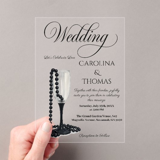 Black & White Pearl Champagne Glass Wedding Acryleinladungen (Insitu (Handheld))