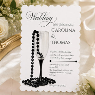 Black & White Pearl Champagne Glass Wedding Einladung